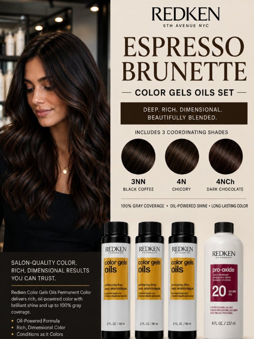 Redken Color Gels Oils Espresso Brunette Hair Color Kit + 20 Vol Developer